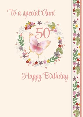 Ling Design Illustrated Floral Butterfly Auntie 50 Birthday Card 