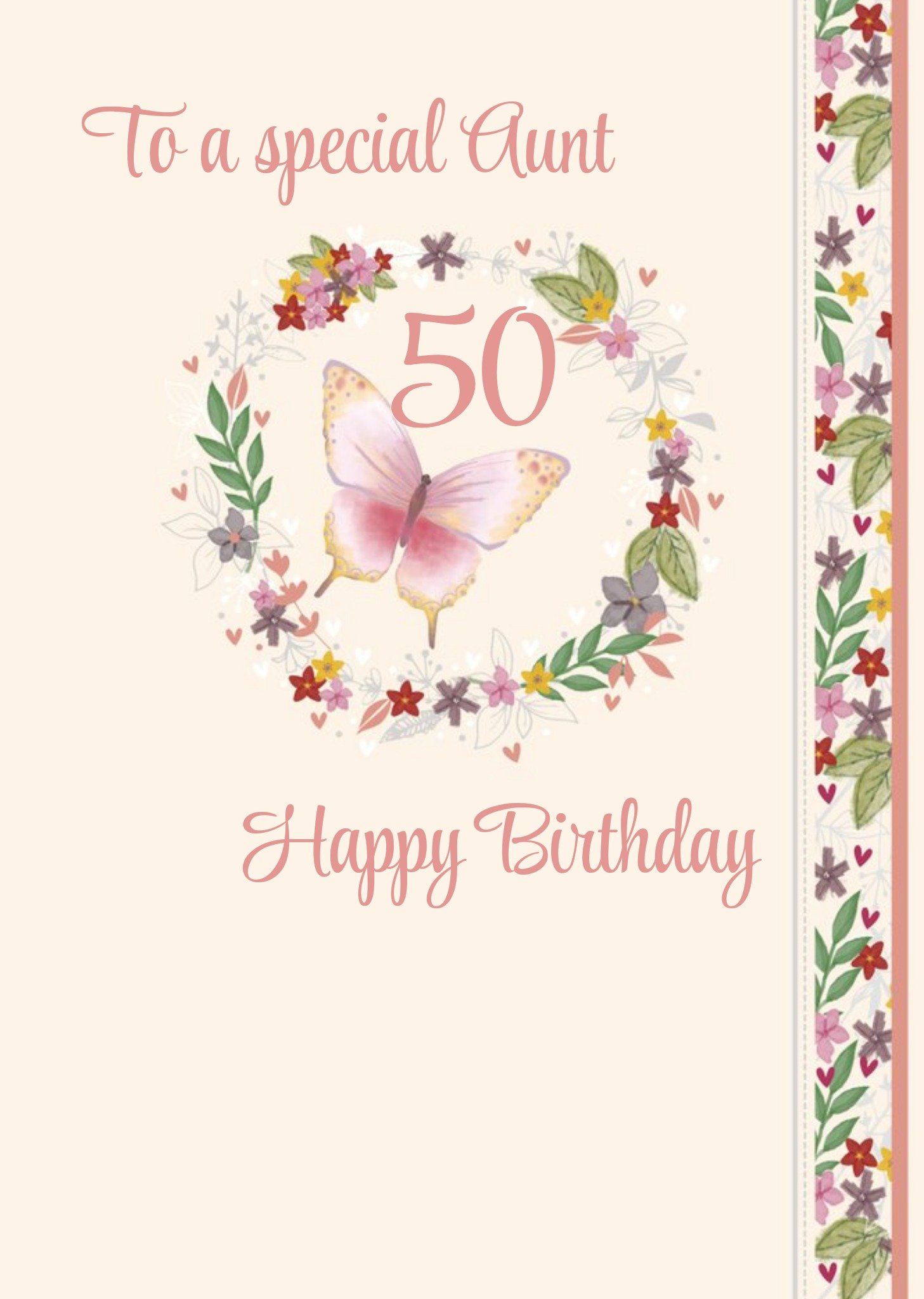 Love Hearts Ling Design Illustrated Floral Butterfly Auntie 50 Birthday Card Ecard