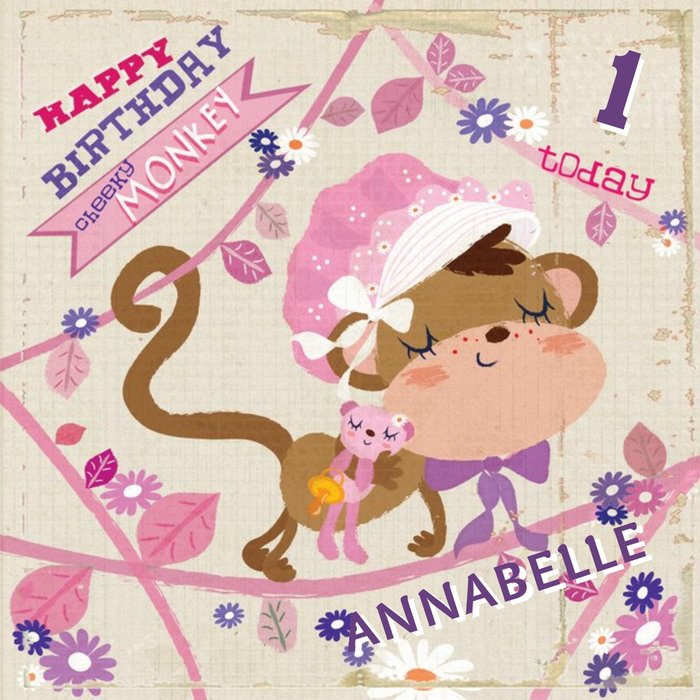 Monkey In Pink Vines Personalised Happy 1st Birthday Card