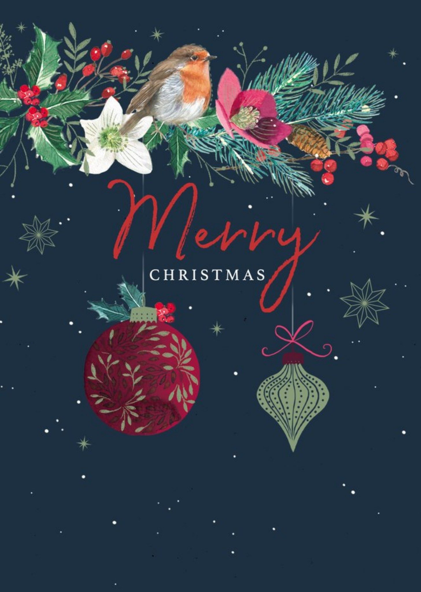 Moonpig Illustrated Christmas Foliage And Robin Card Ecard