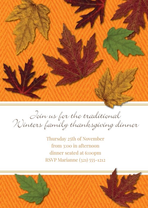 Autumn Leaves Traditional Winters Family Personalised Happy Thanksgiving Invitation Card