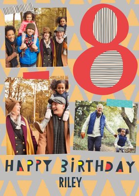 Colourful Typographic Multi Photo Upload 8th Birthday Card  