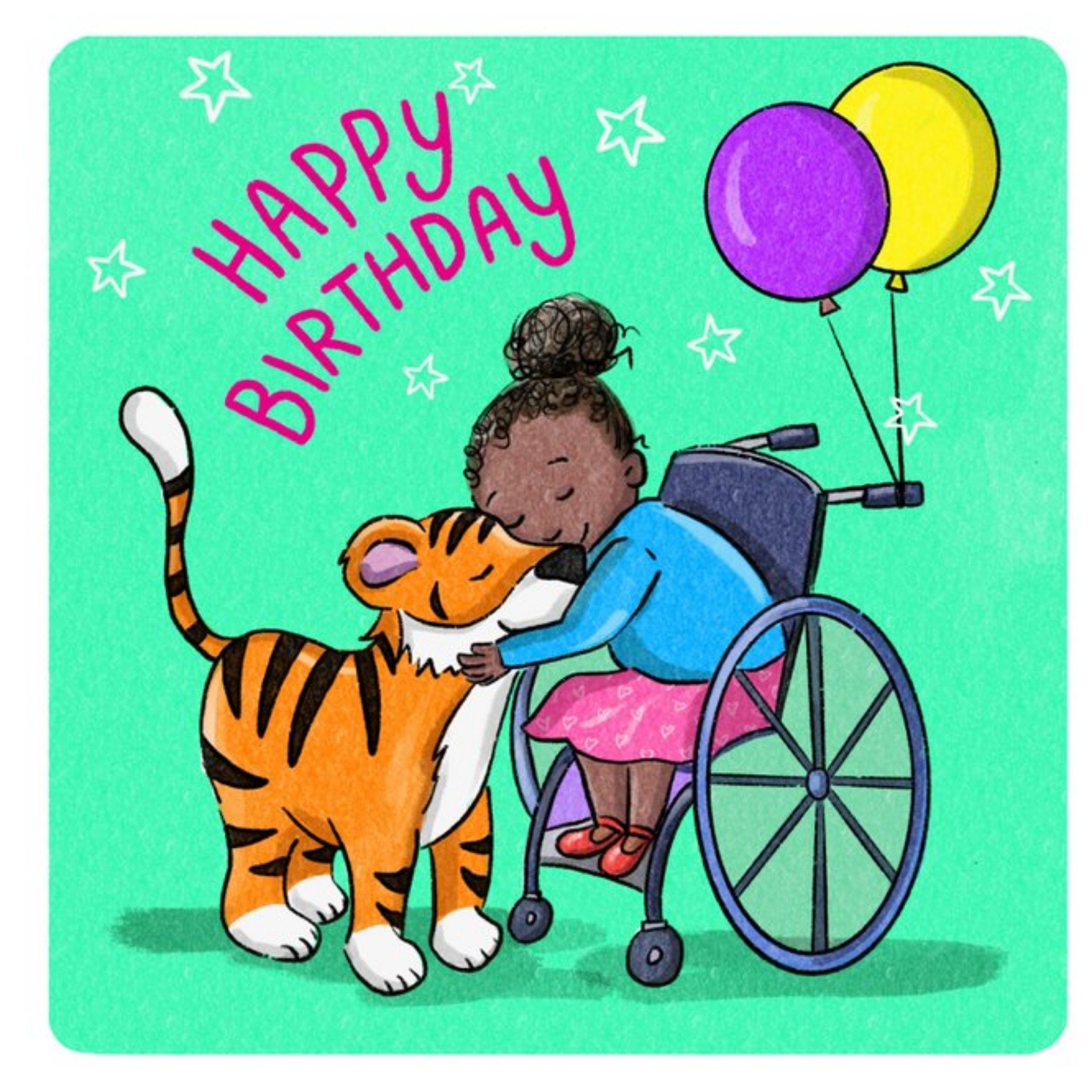 Cake And Crayons Cute Illustrated Girl And Tiger Birthday Card, Square