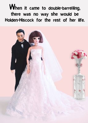 Photo Humour Male And Female Dolls Double Barrell Surname Holding His Cock Wedding Card