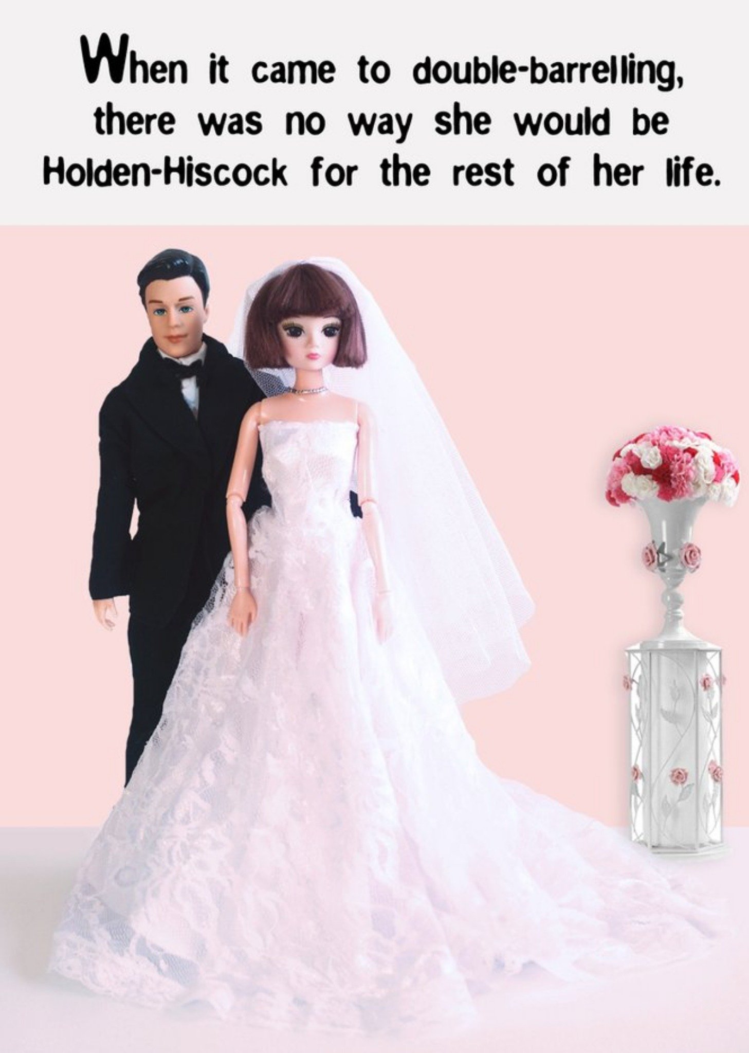 Go La La Photo Humour Male And Female Dolls Double Barrell Surname Holding His Cock Wedding Card