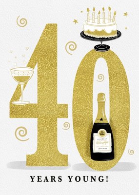 Large Golden Number With Illustrations Of Cake And Wine 40th Birthday Card