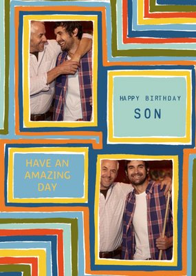 Colourful Striped Pattern Background Photo Upload Sons Birthday Card