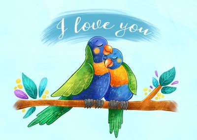 Stray Leaves Blue Illustrated Cockatoos I love You Card