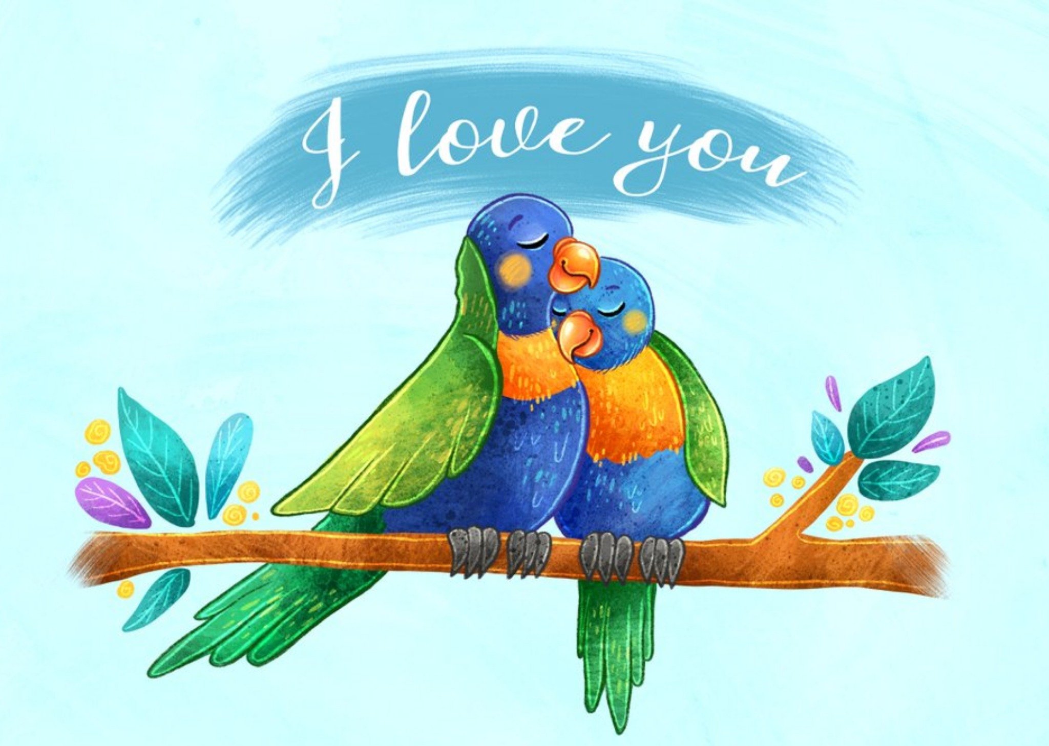 Stray Leaves Blue Illustrated Cockatoos I Love You Card Ecard