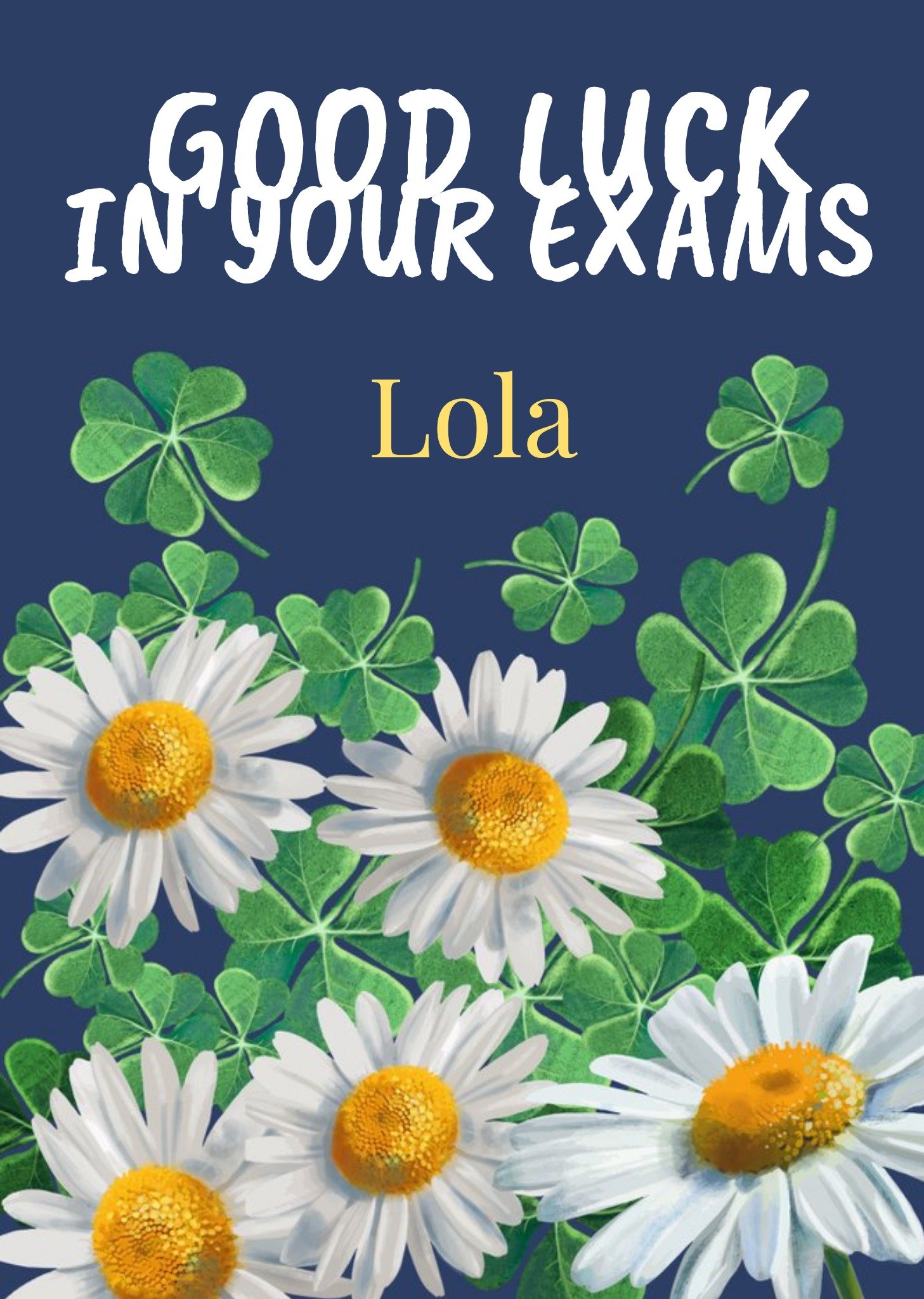 Daisies And Four Leaf Clovers Illustration Personalised Good Luck Card Ecard