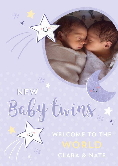 Purple Stars and Moon Baby Twins Photo Upload Card