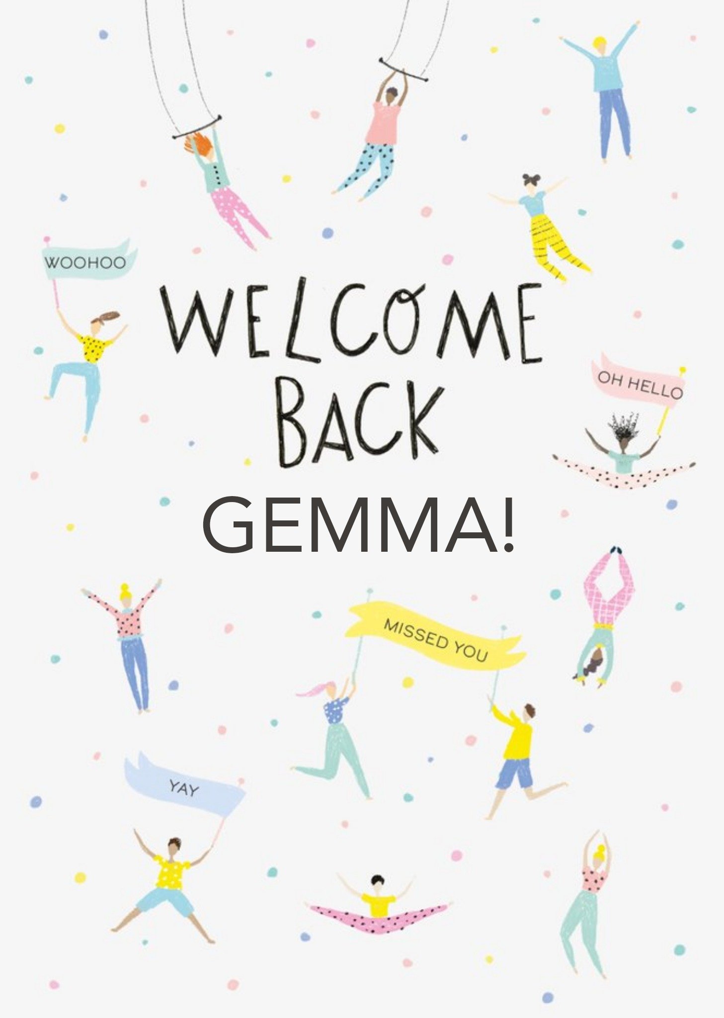 Clintons Illustrated Acrobats Confetti Customisable Welcome Back Card