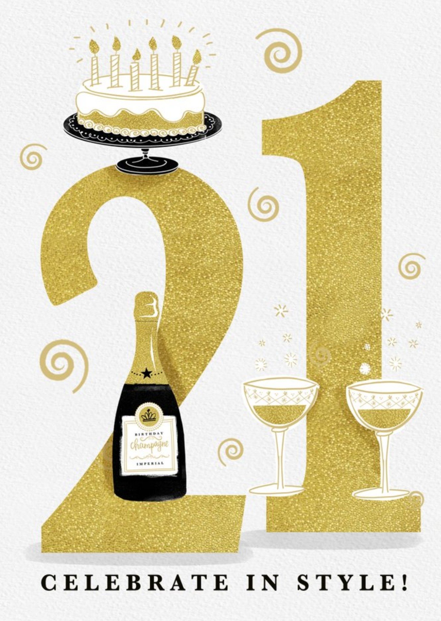 Large Golden Number With Illustrations Of Cake And Wine Twenty First Birthday Card Ecard