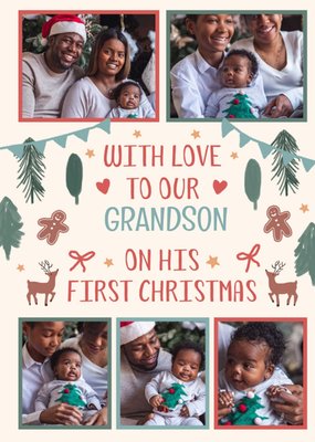 Five Photo Frames With Illustrations Of Reindeers Grandson's Photo Upload Christmas Card