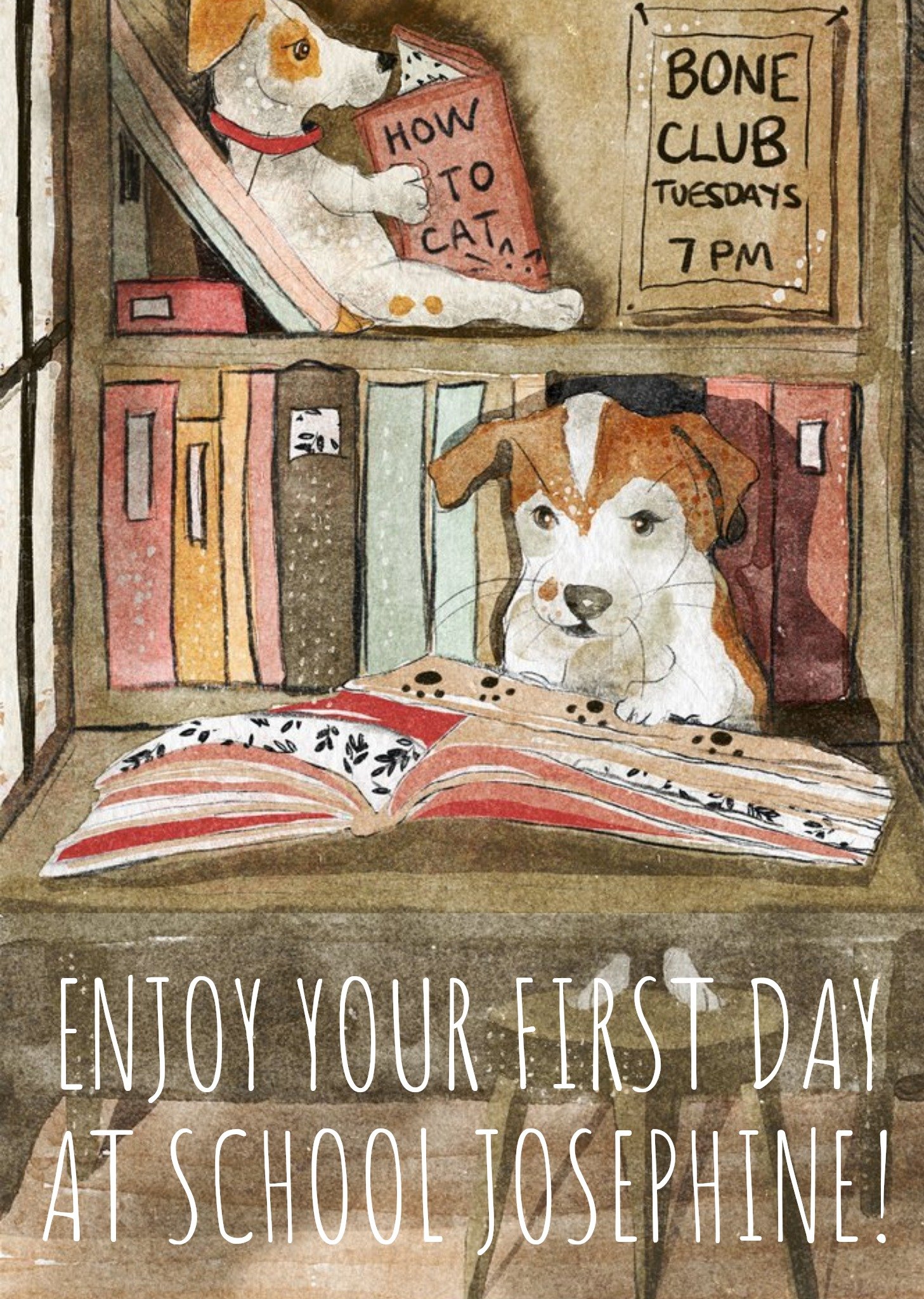 Moonpig Cute Jack Russell Watercolour Illustration Personalised New School Card, Large