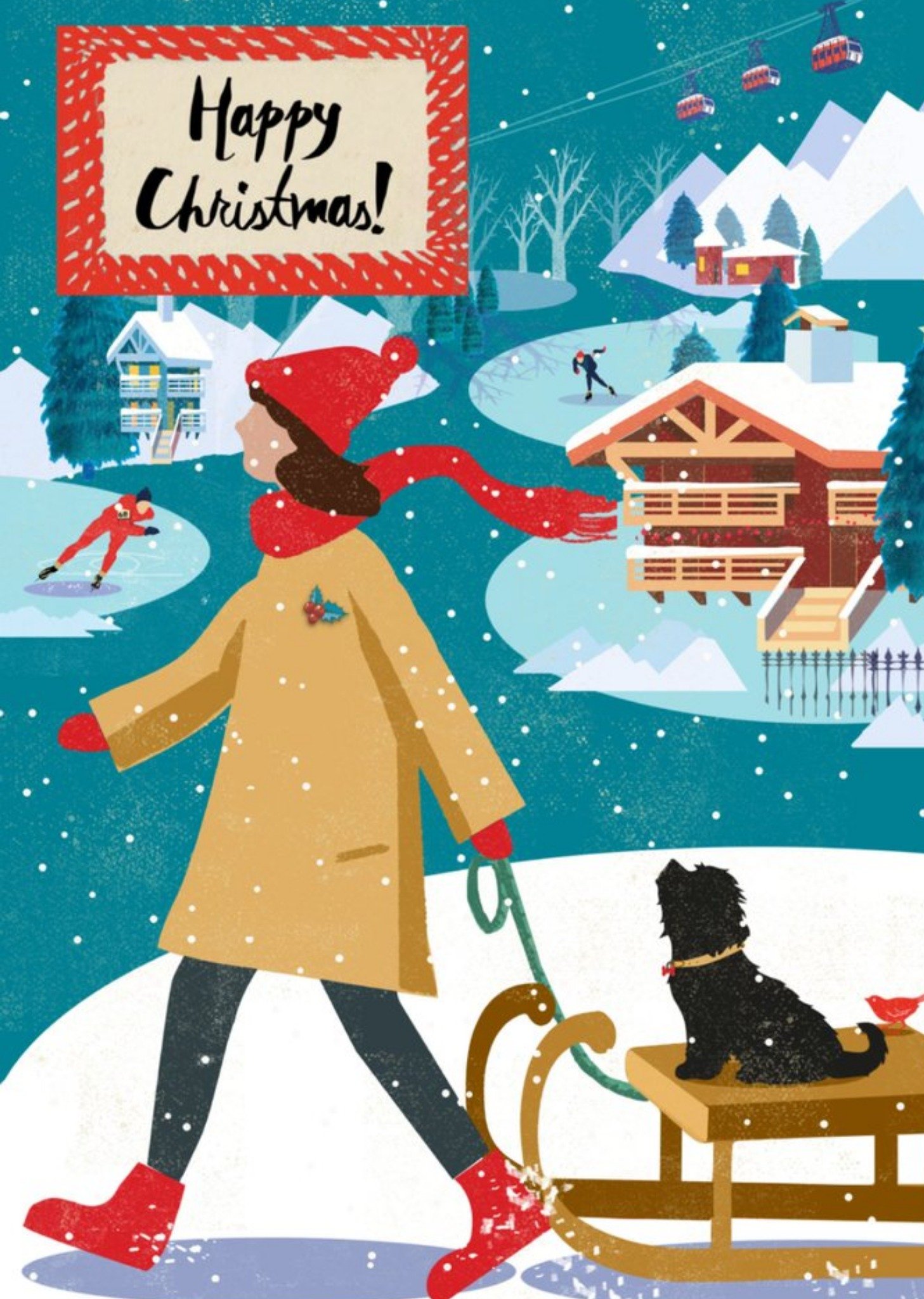 Cute Illustrative Winter Landscape Dog On Ski Christmas Card Ecard