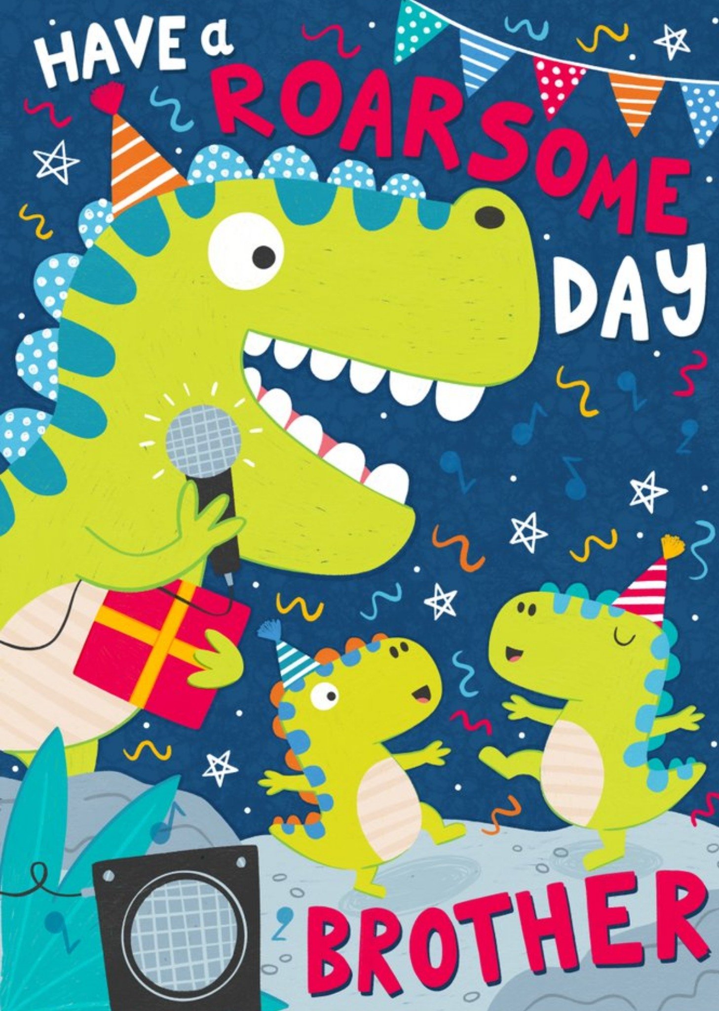 Moonpig Fun Illustration Design Dinosaur Party Balloons Have A Roarsome Day Birthday Card, Large