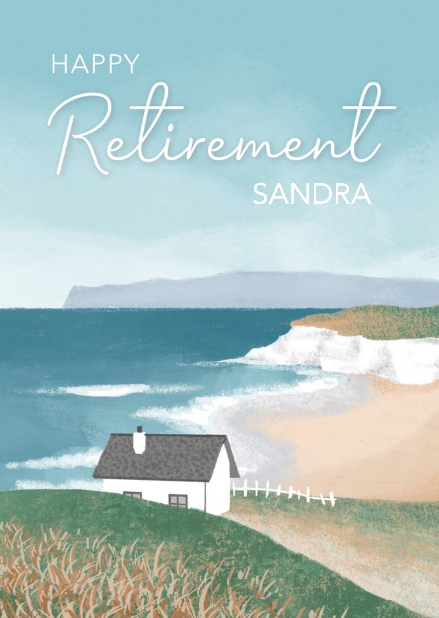 Moonpig Millicent Venton Illustrated House Overlooking The Beach. Happy Retirement Card, Large