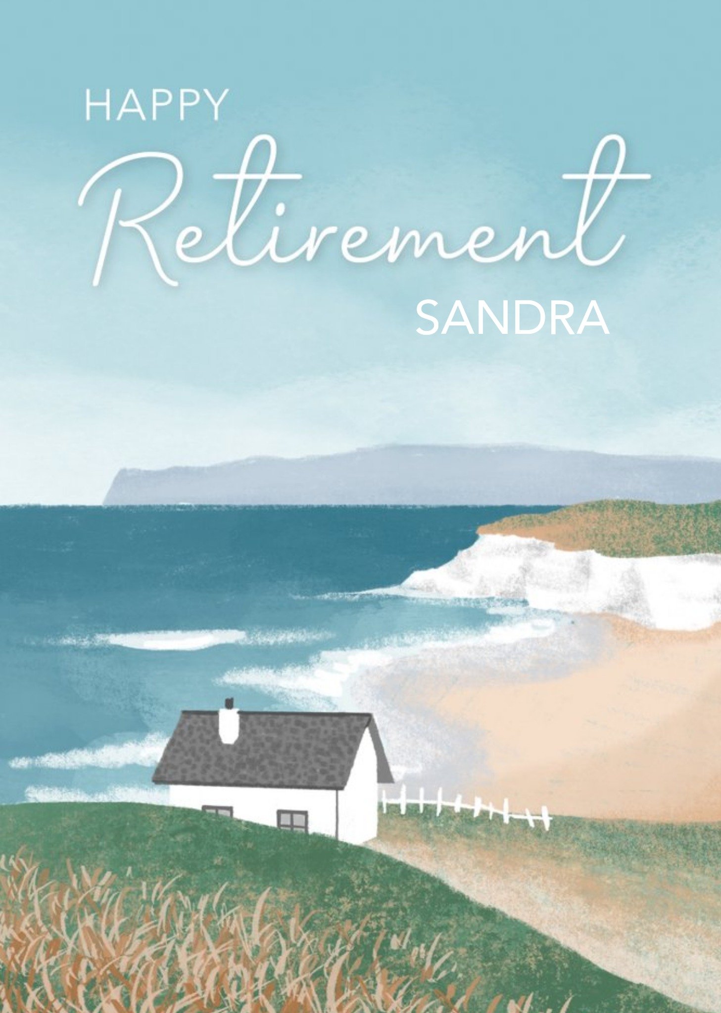 Millicent Venton Illustrated House Overlooking The Beach. Happy Retirement Card Ecard