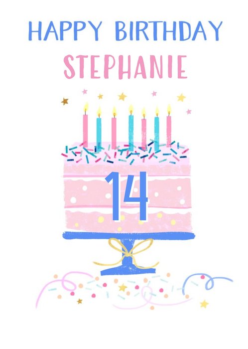 Illustration Of A Birthday Cake On A White Background Fourteenth Birthday Card