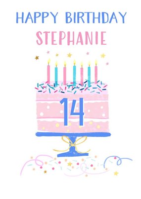 Illustration Of A Birthday Cake On A White Background Fourteenth Birthday Card
