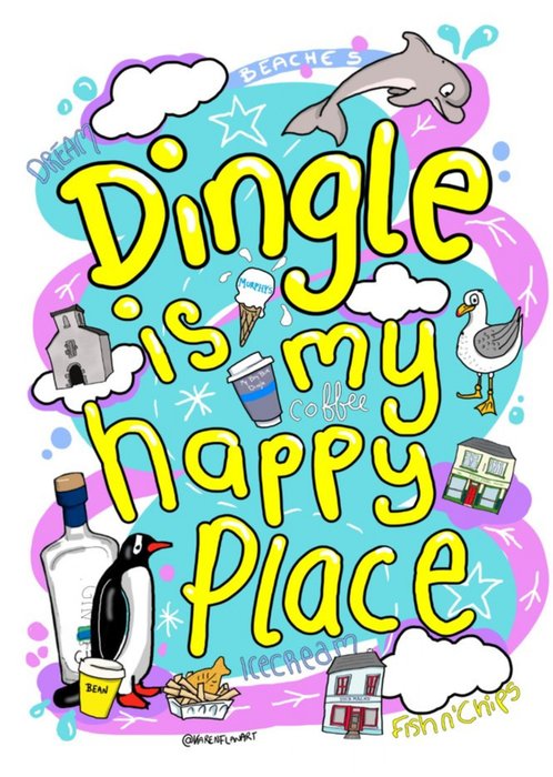 Vibrant Yellow Typography Surrounded By Seaside Themed Illustrations From The Town Of Dingle Card