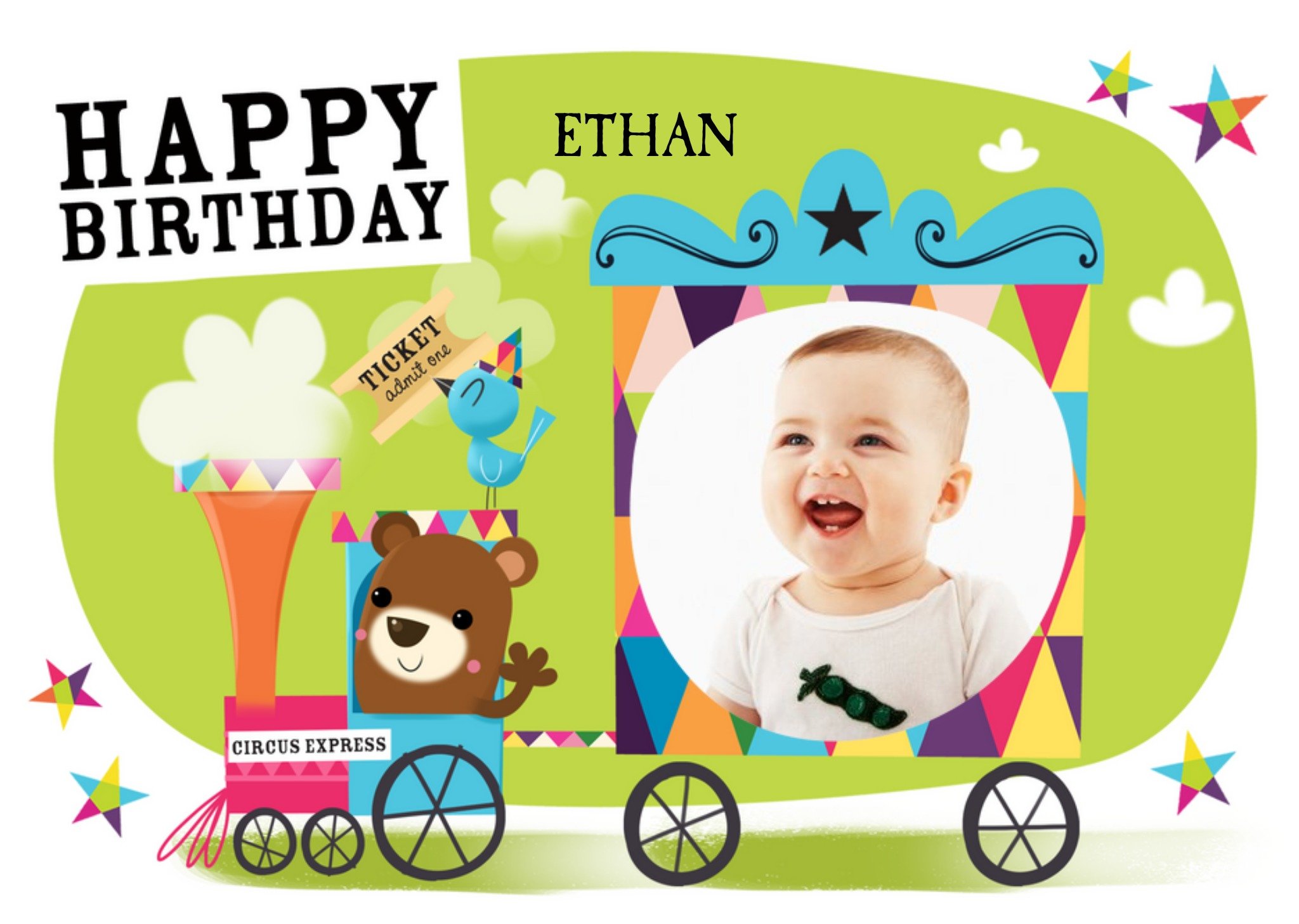 Moonpig Baby Bear Train Ride Personalised Photo Upload Happy Birthday Card, Large