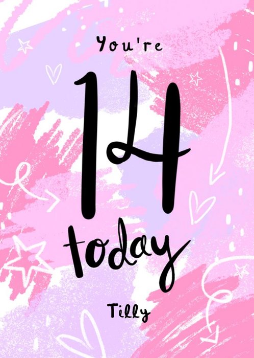 Illustrated Pink Brush 14th Birthday Card