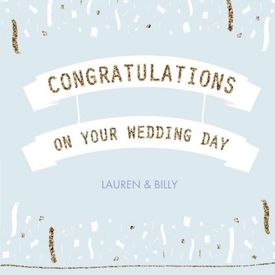 Blue And Gold Streamers Personalised Wedding Day Card