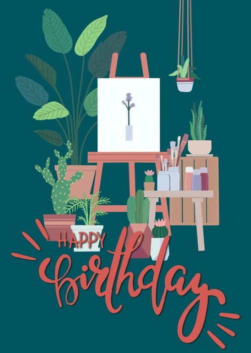 Plants and Painting Illustration Happy Birthday Card