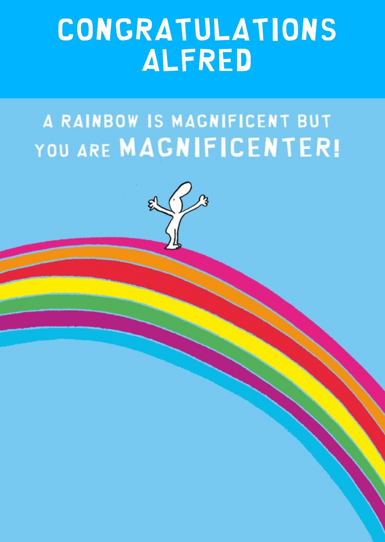 Moonpig Illustration Of A Character On Top Of A Rainbow Personalised Congratulations Card Ecard