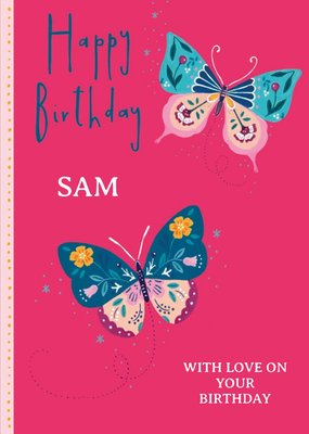 Bright Pink Illustrated Butterflies Personalised Birthday Card