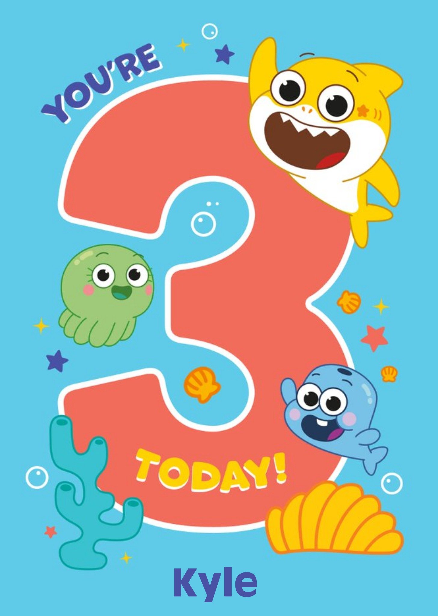 Baby Shark You're 3 Today Cute Birthday Age Card