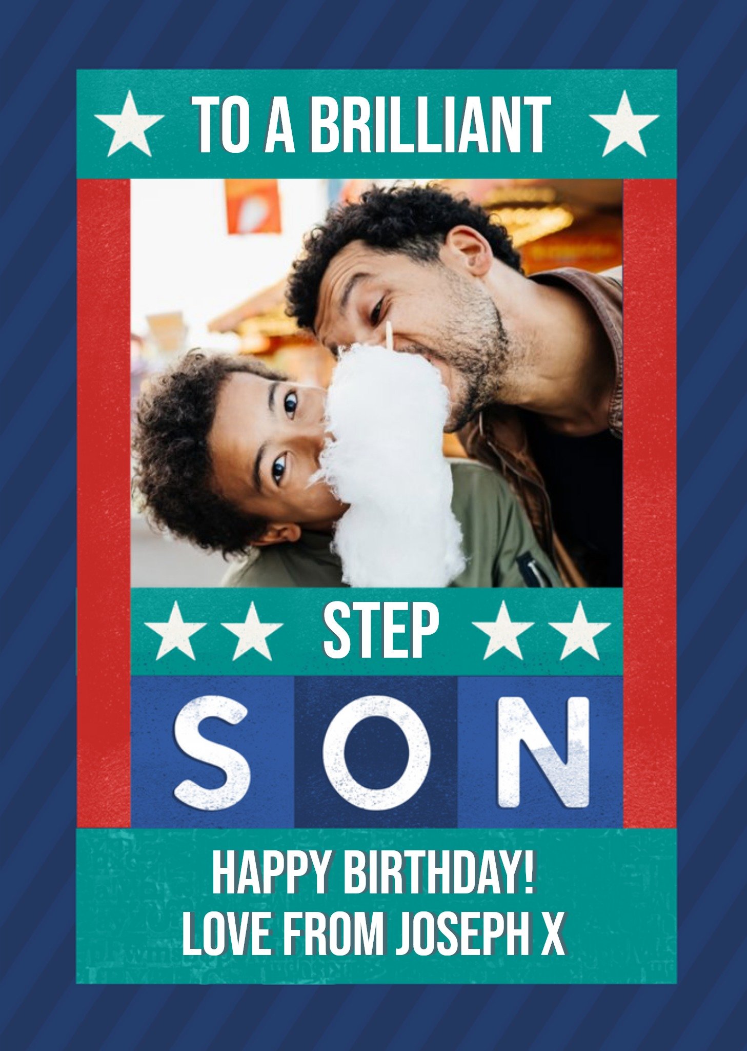 Typographic To A Brilliant Step Son Photo Upload Birthday Card