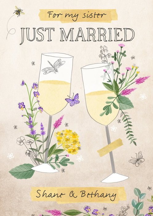 Illustrated For My Sister Just Married Champagne Floral Wedding Card