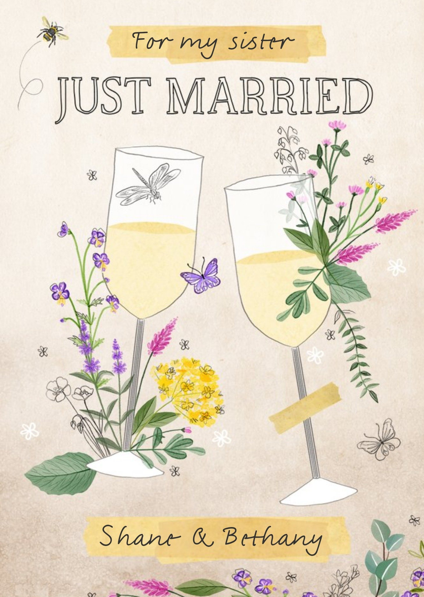 Okey Dokey Design Illustrated For My Sister Just Married Champagne Floral Wedding Card