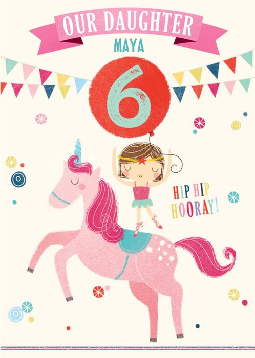 Cute illustrative unicorn and girl Daughter Birthday Card  