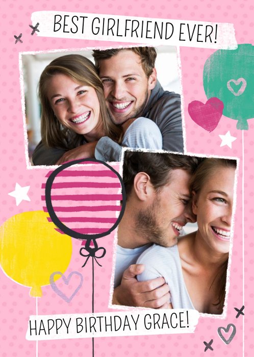 Balloons And Double Photo Upload Personalised Happy Birthday Card For Girlfriend