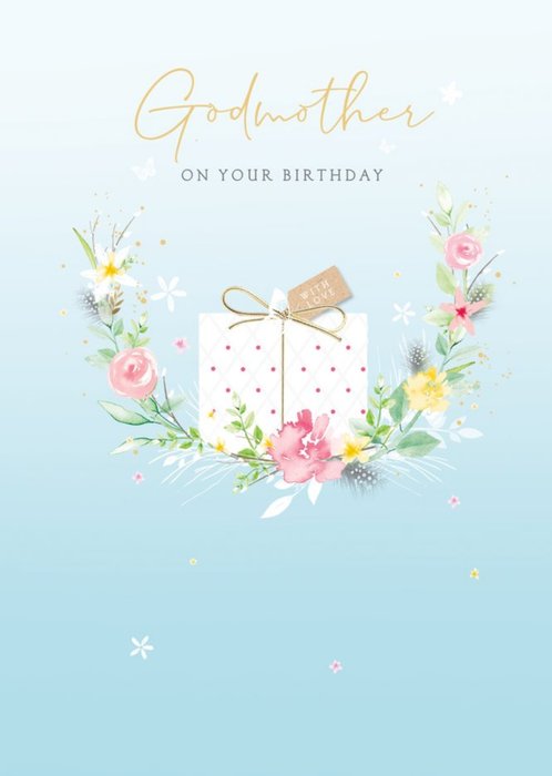 Illustration Of A Present With A Half Wreath On A Blue Background Godmother's Birthday Card