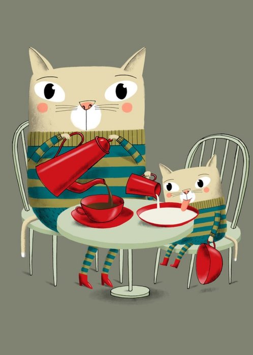 Modern Cute Illustration Cats Drinking Tea Card