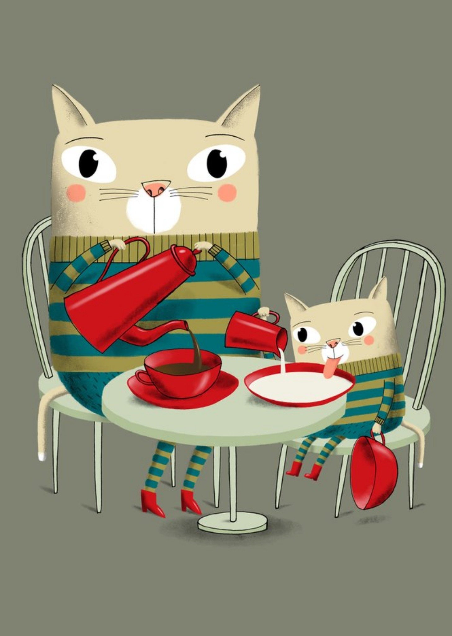 Modern Cute Illustration Cats Drinking Tea Card Ecard