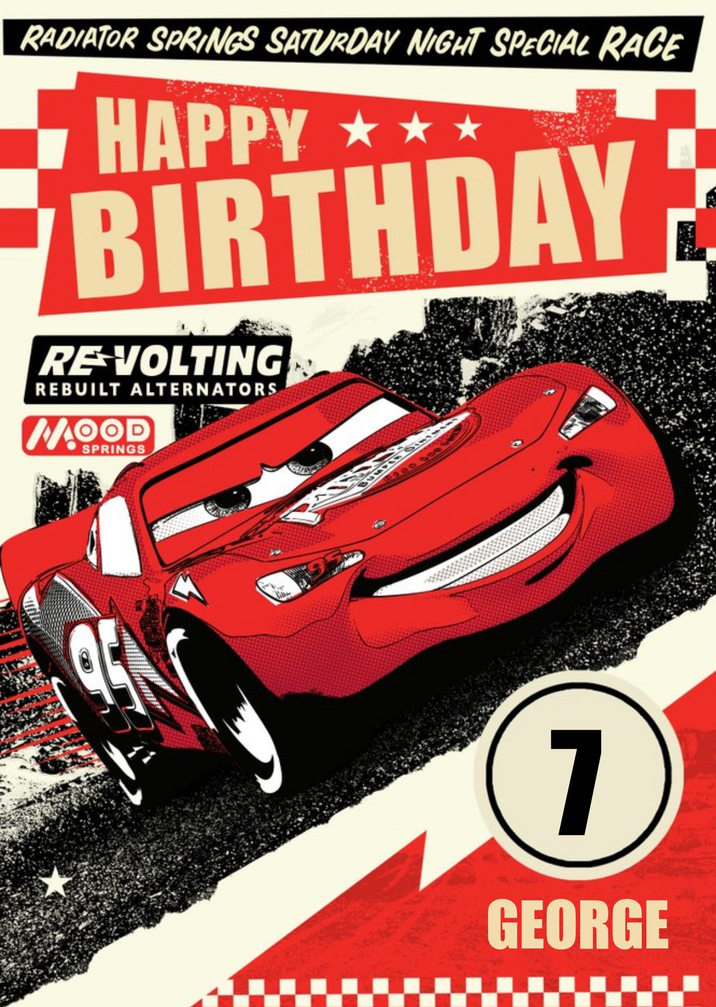 Disney Cars Racing On The Track Personalised Happy Birthday Card Ecard