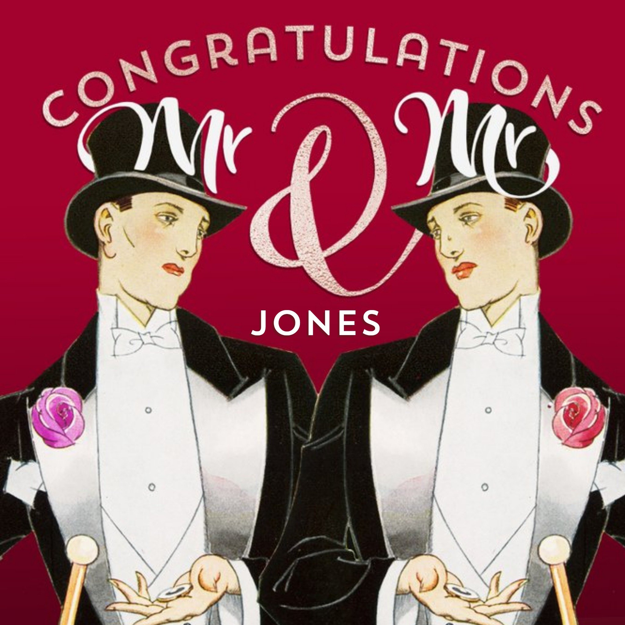 Congratulations Mr & Mr - Same Sex Couple Gay Retro Illustration Wedding Card, Square