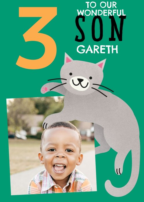 Cute Simple Illustration Of A Cat To Our Wonderful Son 3rd Birthday Photo Upload Card