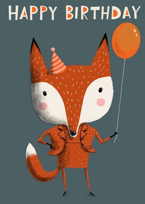 Modern Illustration Fox Holding Balloon Birthday Card