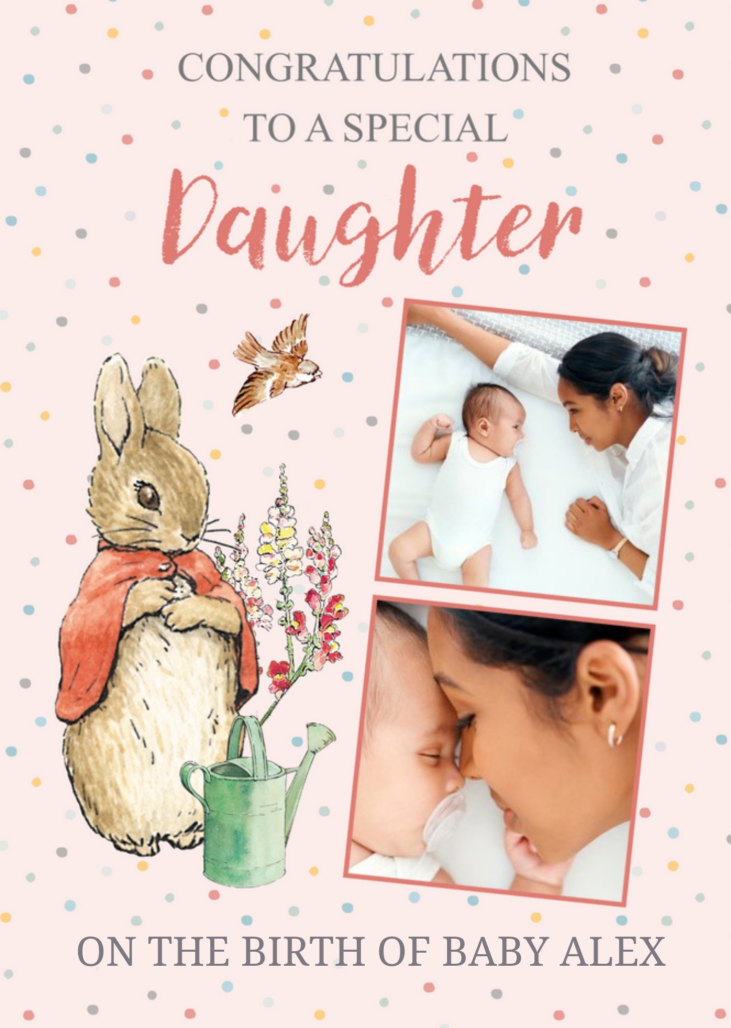 Peter Rabbit Congratulations To A Special Daughter Photo Upload New Baby Card, Large