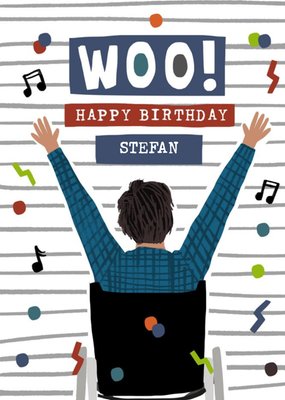 Illustration of aman cheering in a wheelchair with his hands in the air Happy Birthday Card