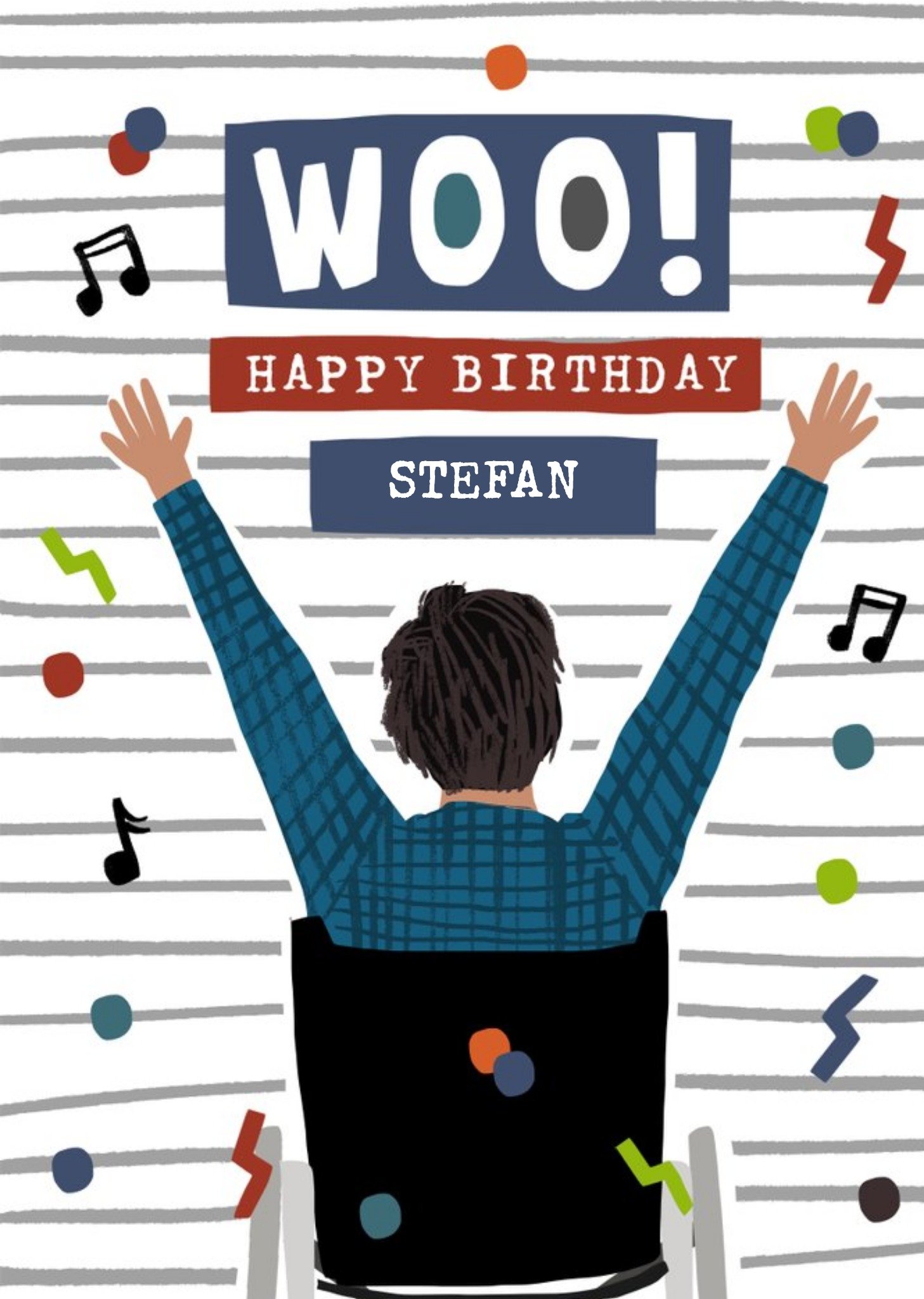 Illustration Of Aman Cheering In A Wheelchair With His Hands In The Air Happy Birthday Card