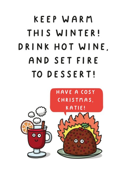 Illustration Of A Pudding And A Mulled Wine Character Humorous Christmas Card
