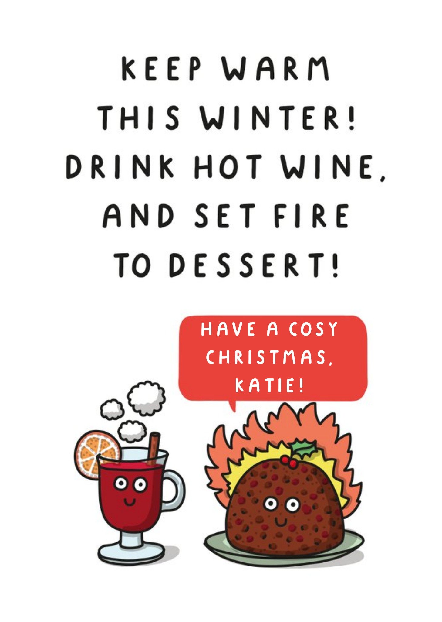 Moonpig Illustration Of A Pudding And A Mulled Wine Character Humorous Christmas Card, Large